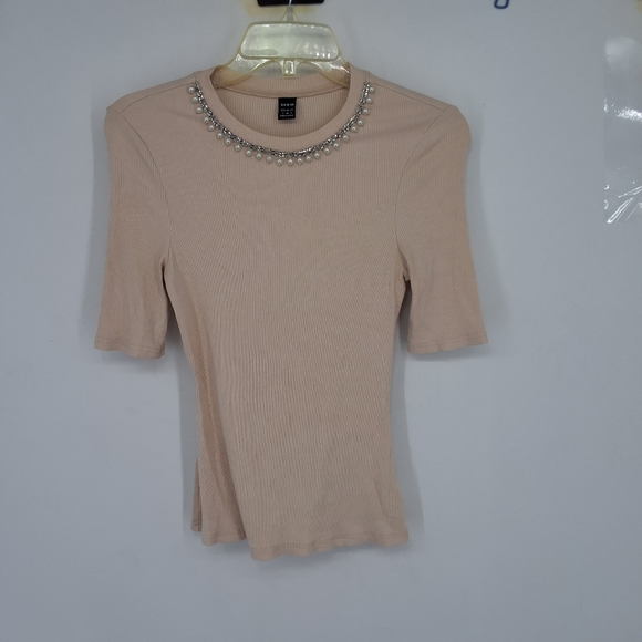 SHEIN SMALL Beige Top with Pearl RHINESTONE Embellishments - Picture 1 of 4